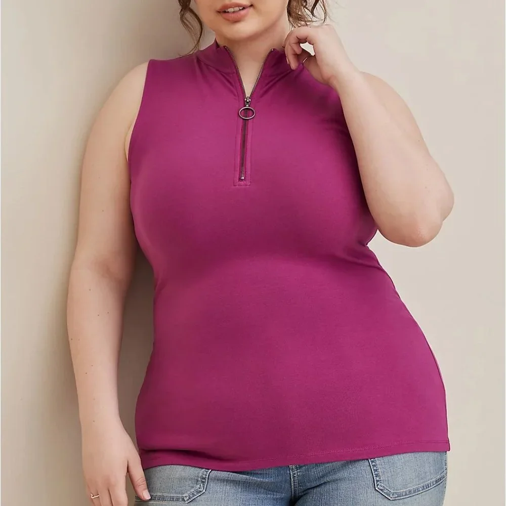 Torrid Top 0X LG Purple Tee Mock Neck Zip Front Foxy Tank Shirt Plus Size New